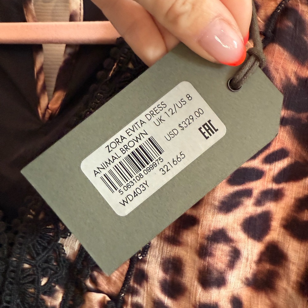 ALL SAINTS Zora Evita Dress New With Tags Brown Animal Print Size 8 - Picture 7 of 16
